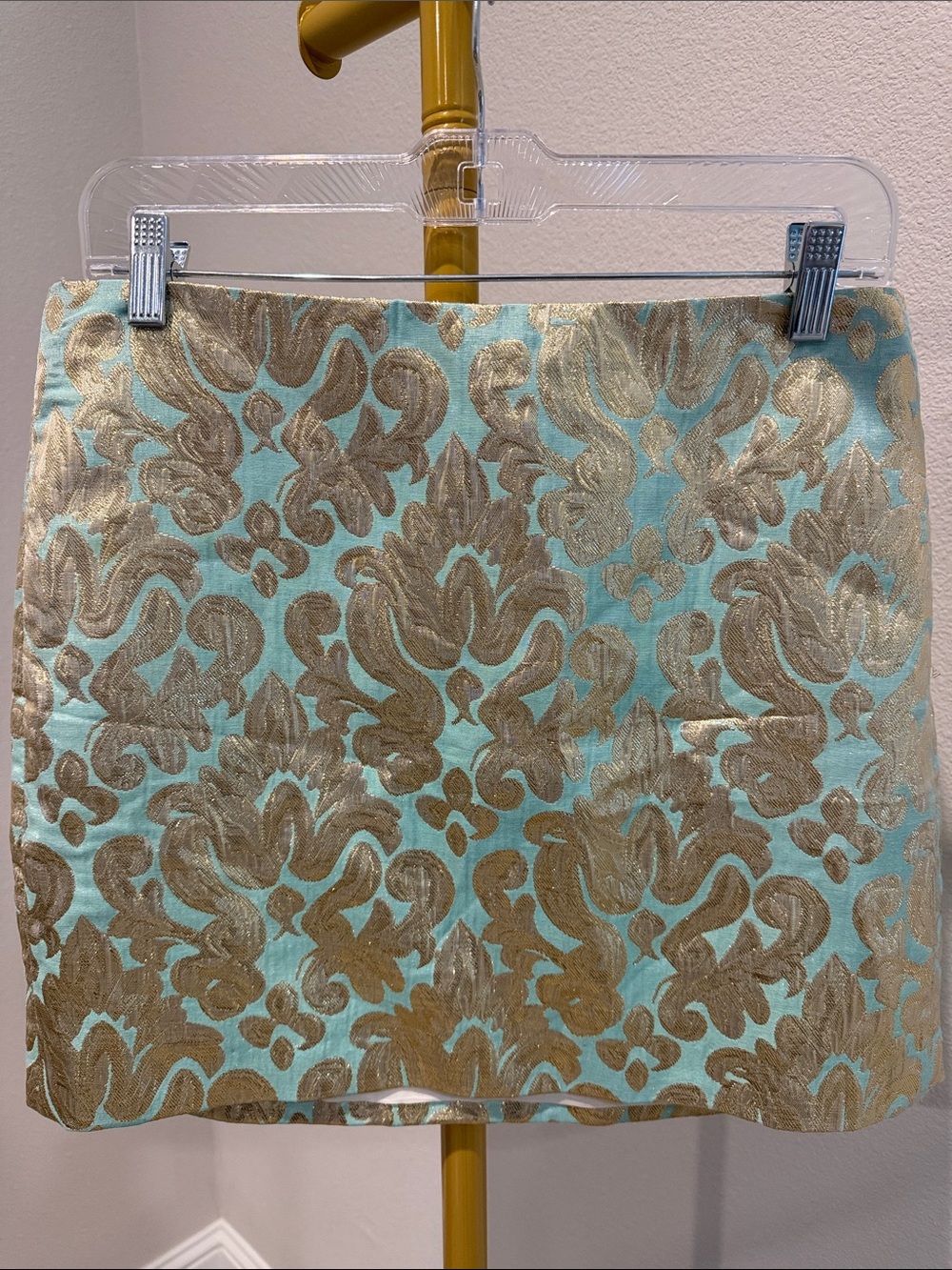 J.Crew Metallic Brocade Mini Skirt Size 2 Blue Gold Damask Jacquard